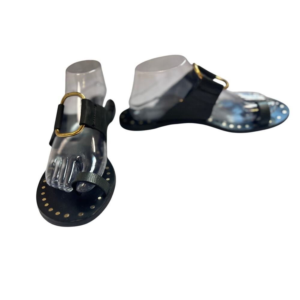 Tory Burch Ravello Toe Ring Flat Sandals Black Gold Studded Size 9.5